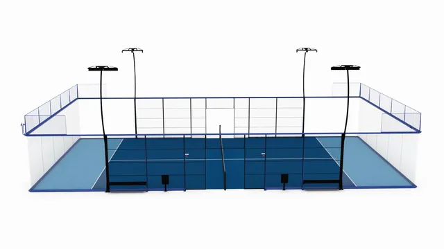 Infinity Court als Rendering von der Seite: blaue Spielfläche, umlaufendes Profil über den Glaswänden, keine Rohre in den Ecken, geschwungene Lichtmasten.