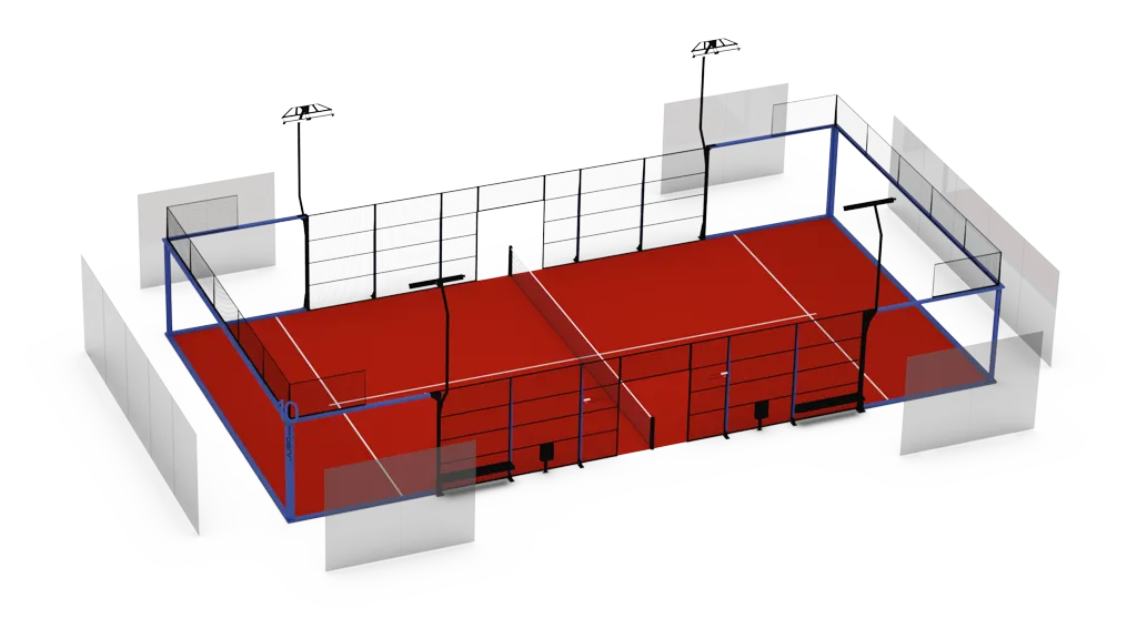 Panoramic Court in Explosionsdarstellung: die einzelnen Glasscheiben stehen frei neben dem Platz, die tragende Stahlstruktur ist blau hervorgehoben