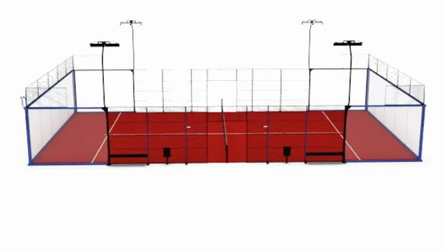 Panoramic Court als Rendering von der Seite: rote Spielfläche, große Glasfläche, doppelt ausgeführte Ecken, gerade Lichtmasten.