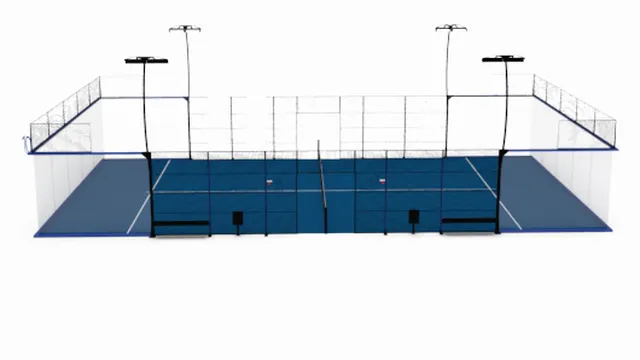 Super Panoramic Court als Rendering von der Seite: blaue Spielfläche, Glasecken ohne Eckpfeiler, geschwungene Lichtmasten.