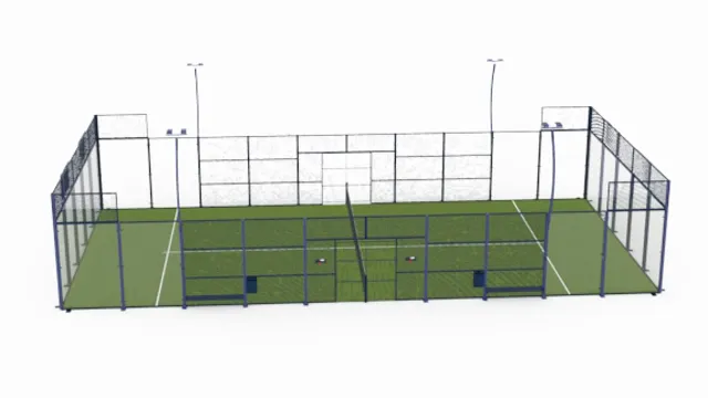Vision Court Classic als Rendering von der Seite: grüne Spielfläche, umlaufende Glaswand mit Gitterfeldern, blauer Rahmen, Pfeiler im Raster, gerade Lichtmasten.
