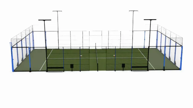 Vision Pro Court als Rendering von der Seite: grüne Spielfläche, umlaufende Glaswand mit Gitterfeldern, blauer Rahmen, breite Pfeiler mit Streben, gerade Lichtmasten.